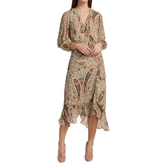 Veronica Beard Off-shoulder Dress Oat Multi Paisley Silk Floral Print Ruffle - Picture 11 of 11